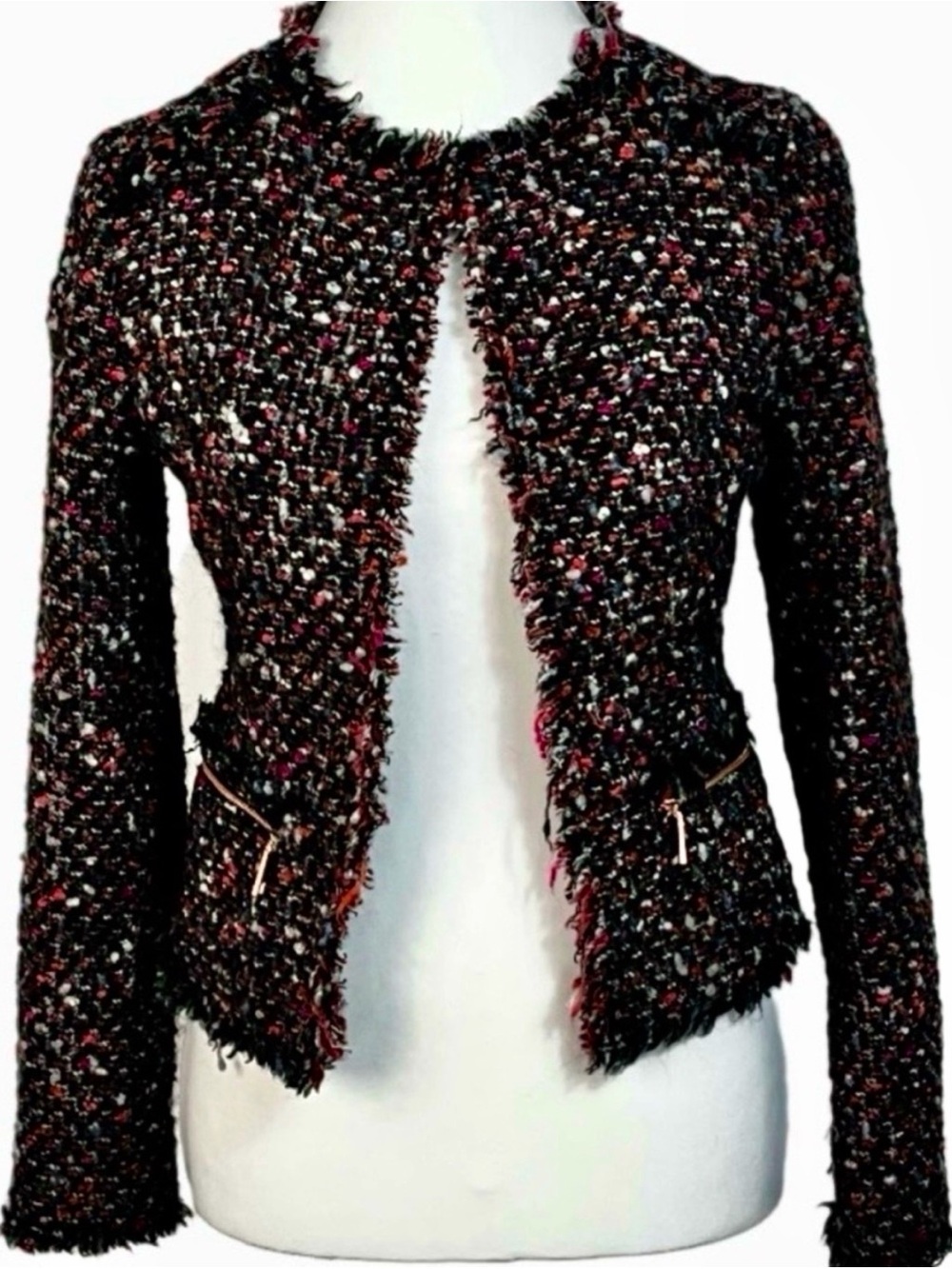Ted Baker Jasina Bouclé Tweed Fringe Jacket Black Pink 2 US 6 Sparkle Blazer